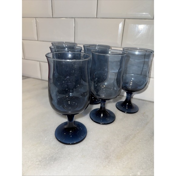 Vintage Libbey 1970s Tulip Dusky Blue12OZ Water/Wine Goblet Glass Set Of 6 GW995